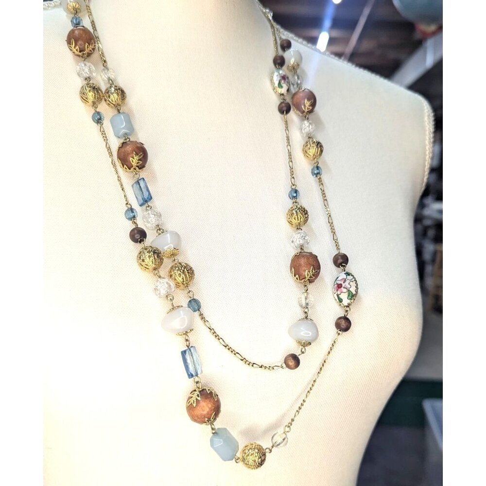 Vintage Chain Necklace Lucite, Filigree, & Cloisonne Mixed Beads